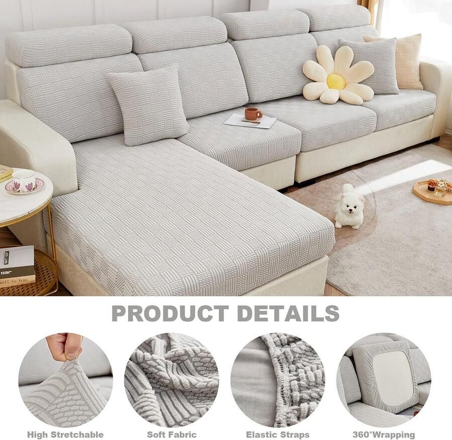 Cushion Covers Sectional Sofa L Shape Slipcover Elastic Couch with Chaise Lounge Cover Furniture Protector for Living Room (Length 62-74inch Width 35-43inch Chaise Cover) Grey White