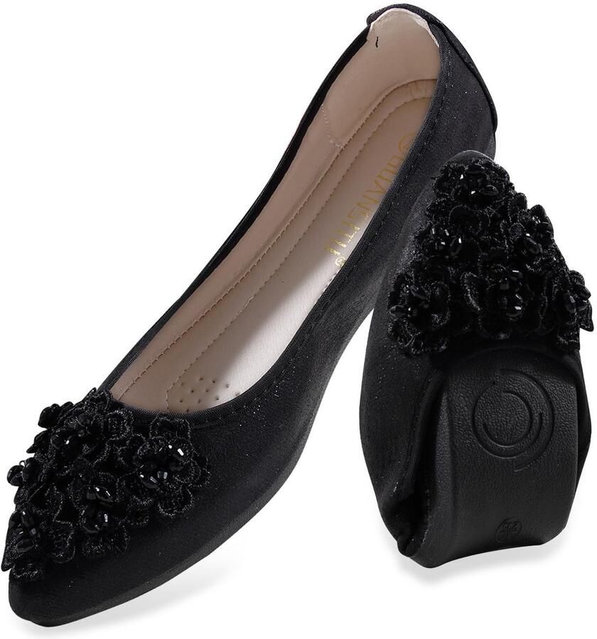 Dailygoods- Ballerina's Comfortabel Platte Schoenen Antislip Zacht Microfiber Bouncy Rubberen Zool Fleurige Bloem met Strassteentjes