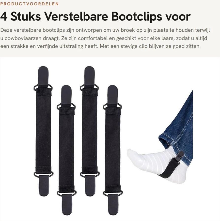 Dailygoods- Bootclips 4 Stuks Verstelbare Riemen Elastische Motorlaarzen Stijgbeugels Zwart Stevige Clip Broekriemen