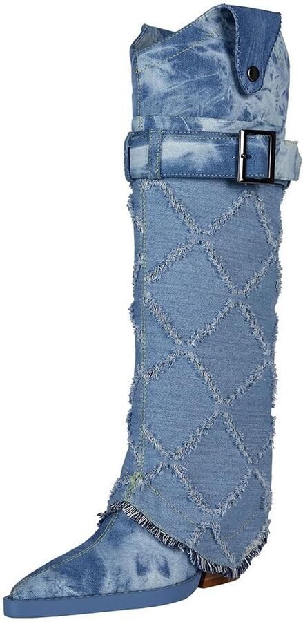 Dailygoods- Botas dames kniehoge denim hak cilinderhoogte spitse teen watergewassen denim duurzaam vakmanschap Laarzen