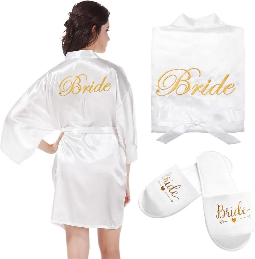 Dailygoods- Bruidsochtendjas met Pantoffels Badjas van Satijn Fluweel Nachtkleding voor Bruiloft Vrijgezellenfeest Gemakkelijk te Wassen Geschikt voor de meeste Vrouwen