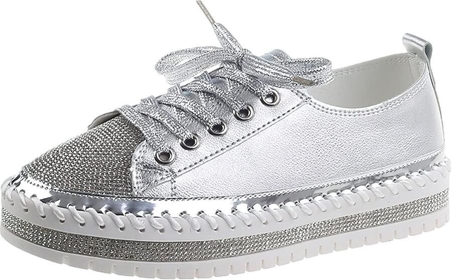 Dailygoods Dames Fashion Platform Sneakers met Strass en Vetersluiting Zilver