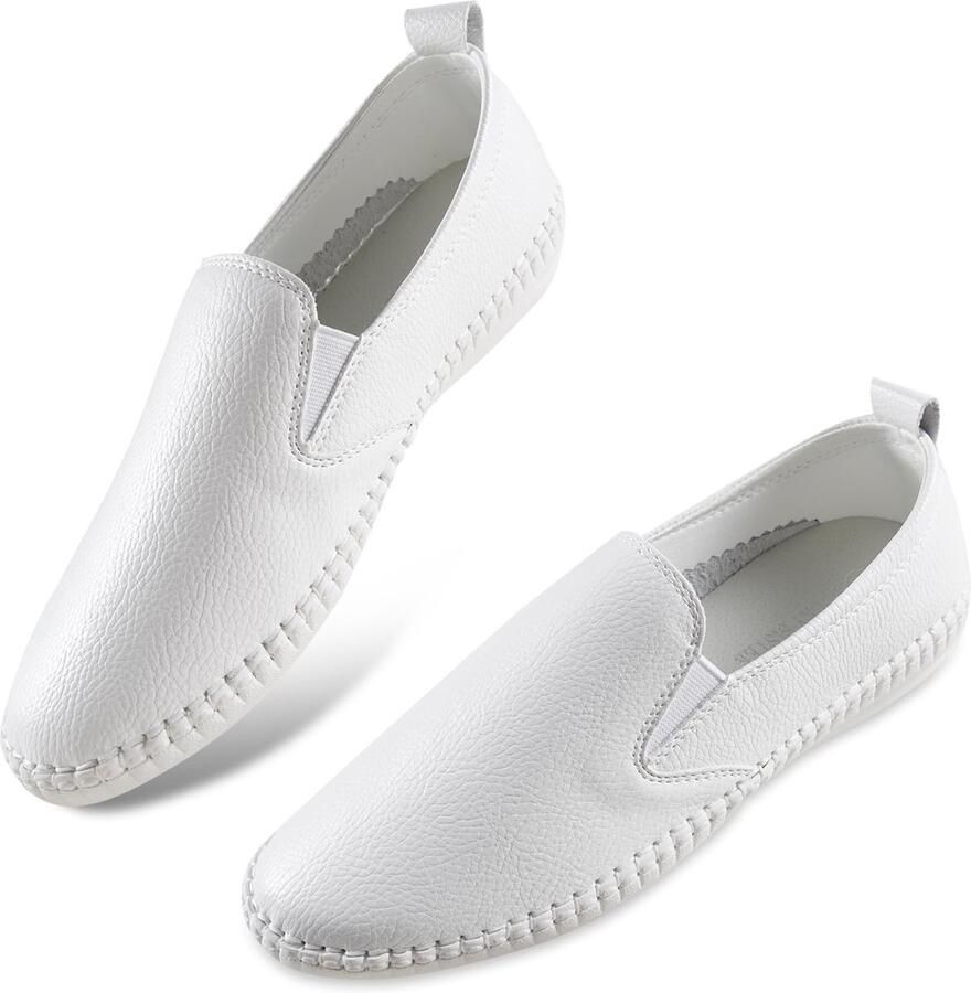 Dailygoods- Dames Flats Comfortabele Ronde Neus Witte Lederen Pumps Instapper Casual Geleden Platte Pumps Zachte Rubberen Zool