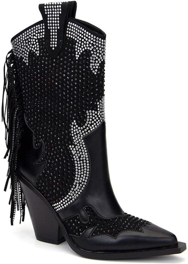 Dailygoods- Dameslaarzen met blokhak Westernlaarzen Puntige teen Kwastversiering Strass-details Schachthoogte Cowboylaarzen