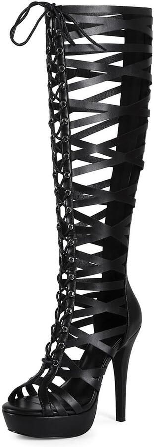 Dailygoods- Dameslaarzen met hoge hakken Open teen Verstelbare vetersluiting Geraffineerde uitsparingen Stiletto-hak Comfortabel en modieus