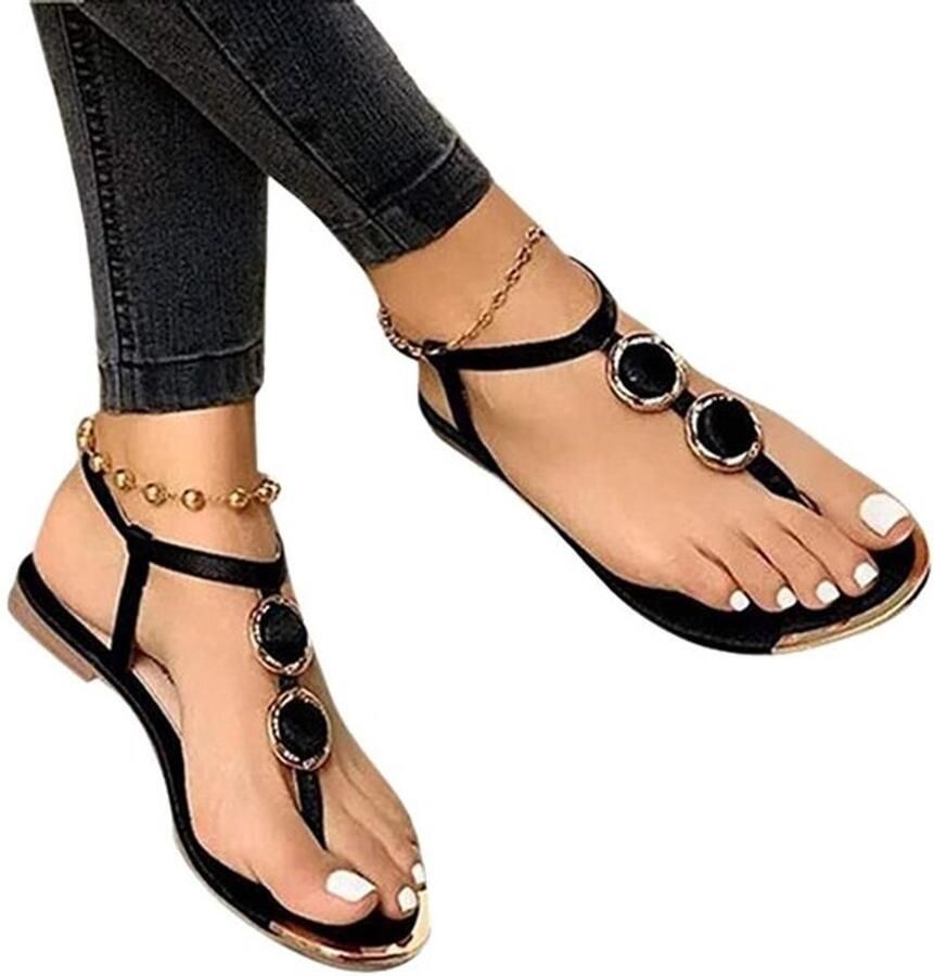 Damessandalen met enkelriem T-riempjessandalen Zomerstrandschoenen Zwart PU-kunststof Lichtgewicht en comfortabel Sandalen