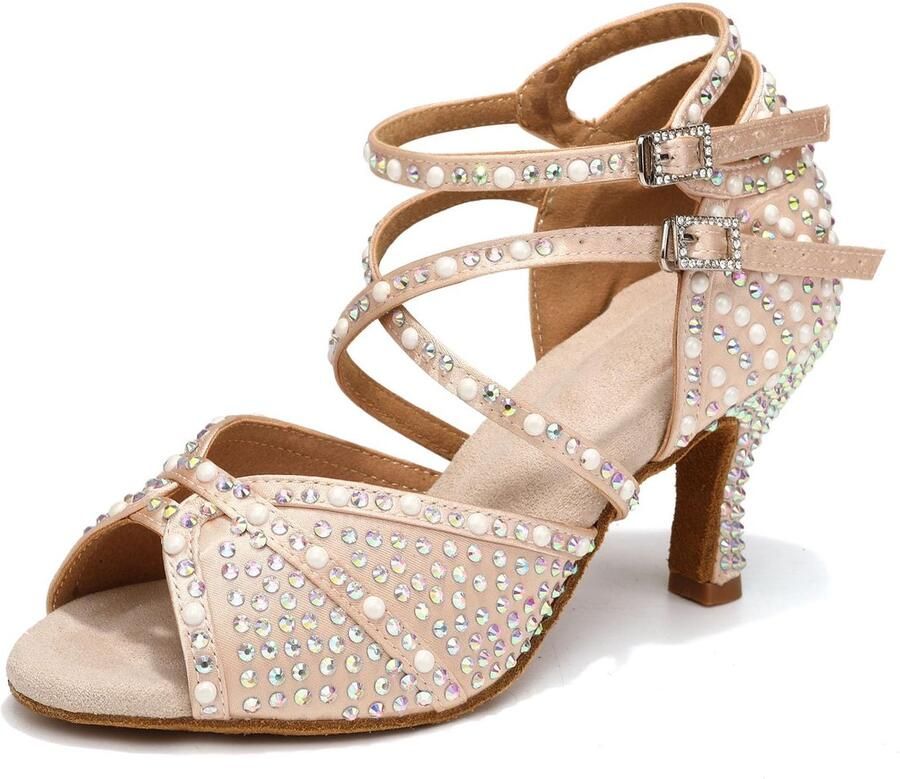 Dailygoods- Dansschoenen Dames Comfortabele Satin Dansschoenen Open Teen Ballroom Salsa Bachata Elegant met Strass Perfect voor Danslessen Latindansschoenen