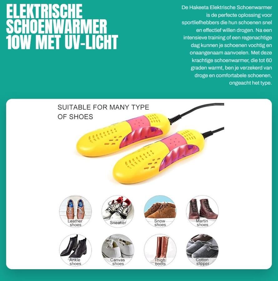 Dailygoods Elektrische Schoenwarmer 10W met UV-Licht Voor Voetbalschoenen en Ski's Ideaal voor Koude Dagen Snelle Verwarming Veilig en Eff