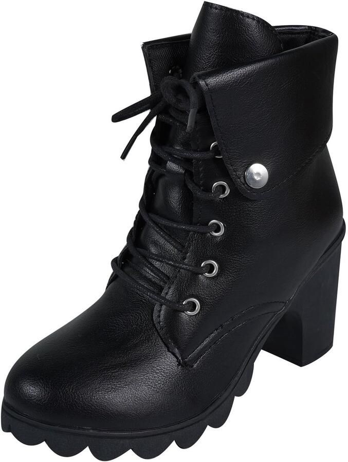 Dailygoods- Enkellaarzen dames Veterschoenen Blokhak Halfhoge hak Plateauzool Kunstleer met synthetische rubberen zolen Dameslaarzen