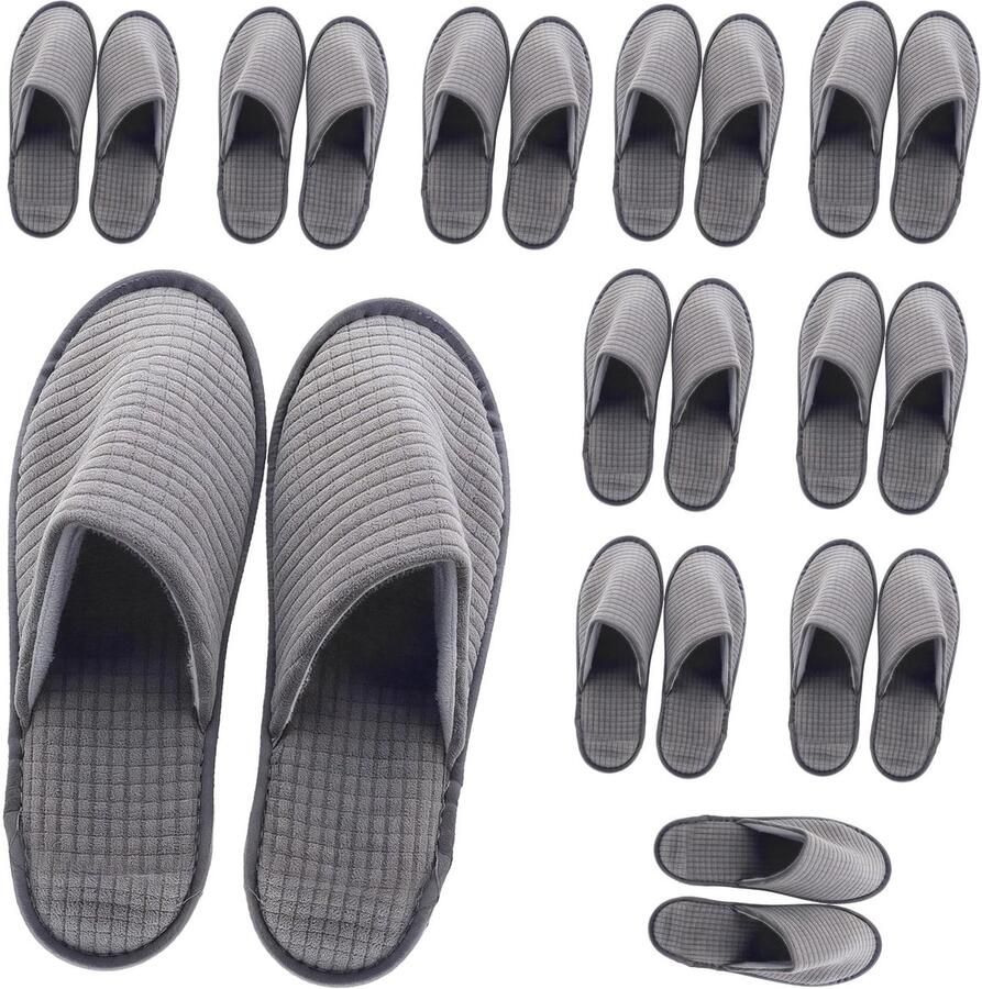 Dailygoods- Hotelpantoffels 10 paar Antislip Dikke zool 7 mm Zachte badstof Comfortabele slippers Grijs