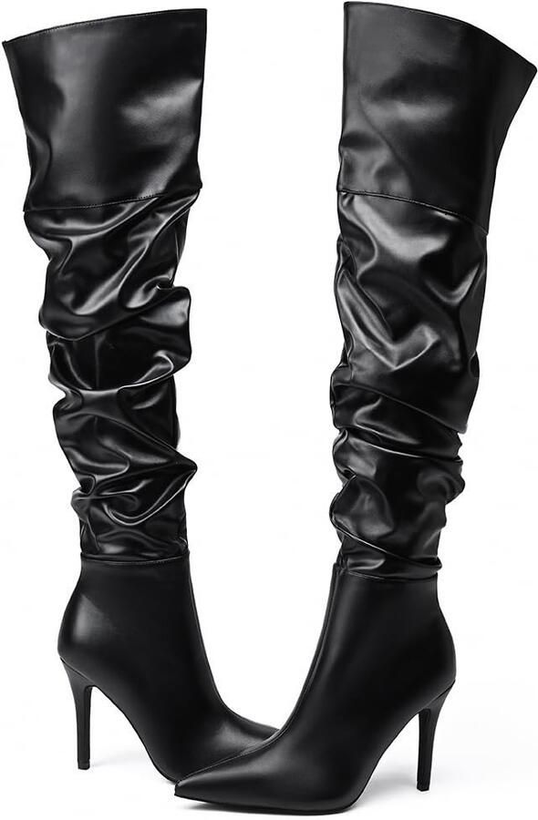 Dailygoods- Laarzen Hoge Hak Over The Knee Zwart Leren Ritssluiting Duurzaam en Comfortabel