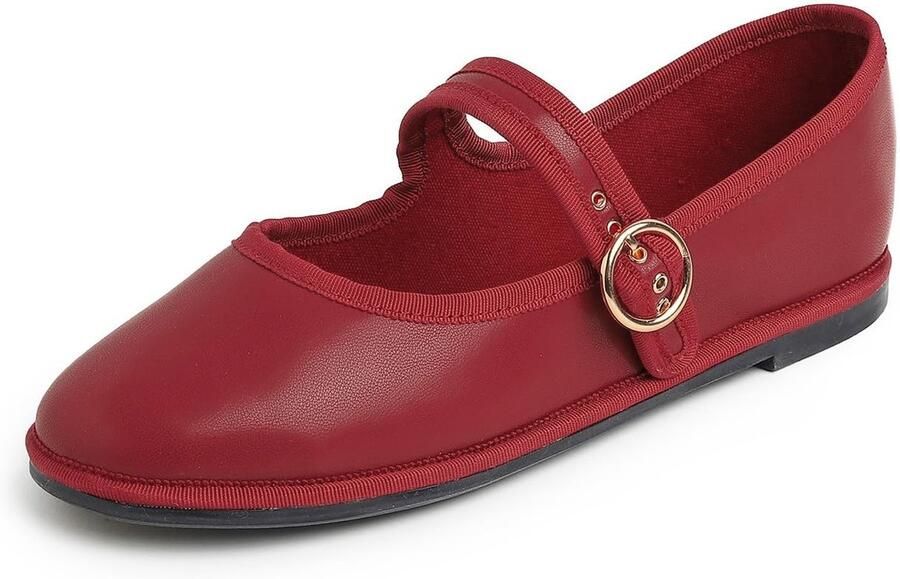 Dailygoods Mary Jane Flats Rode Vegan Leer met Gesp