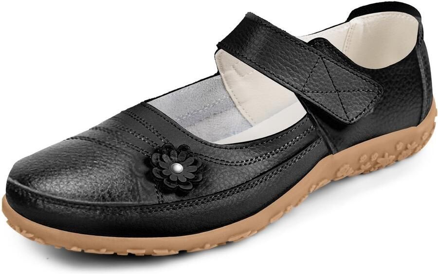 Dailygoods OFFCUP Dames Leren Mary Jane Met Klittenbandsluiting Comfortabele Platte Schoenen Ballerina's Dames Elegante Loafers Verzorging Lage Schoenen Ideaal voor Dagelijks Gebruik Op Kantoor