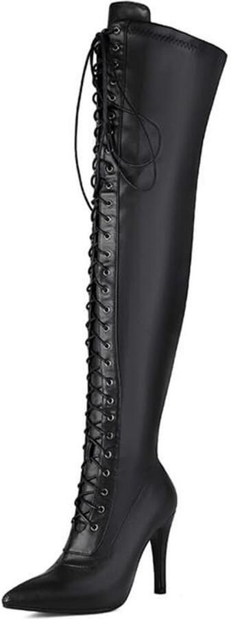 Dailygoods- Overknee-laarzen met veters Spitse hoge hakken Stiletto laarzen Ritssluiting Elastisch schachtmateriaal Comfortabele pasvorm Dameslaarzen