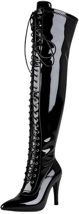 Dailygoods- Overknee-laarzen met veters Spitse hoge hakken Stiletto laarzen Ritssluiting Elastisch schachtmateriaal Comfortabele pasvorm