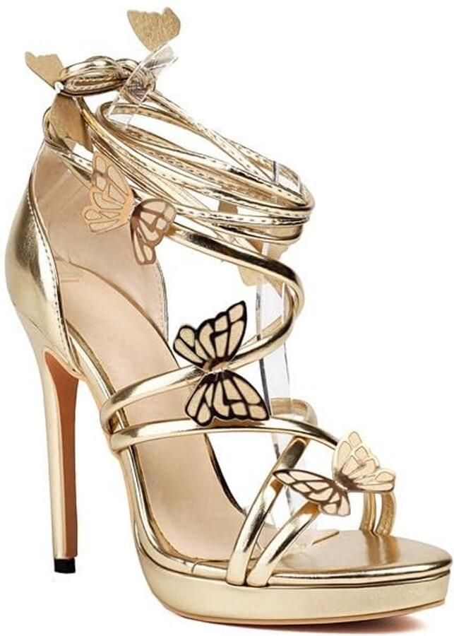 Dailygoods- Plateausandalen met stilettohak Vetersandalen Hoge hakken 3D-vlinder versiering Laklook Glamoureuze damesschoenen Sandalen
