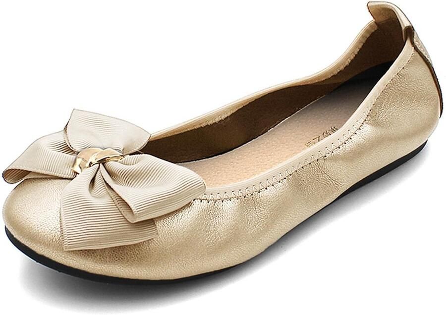 Dailygoods- Platte Pumps Dames Instapper Ronde Neus Modieuze Strik Casual Gekleed Comfortabele Flats Verkrijgbaar in Beige Zwart Grijs Goud Ballerina Schoenen