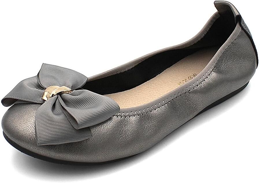Dailygoods- Platte Pumps Dames Instapper Ronde Neus Modieuze Strik Casual Gekleed Comfortabele Flats Verkrijgbaar in Beige Zwart Grijs Goud Ballerina Schoenen