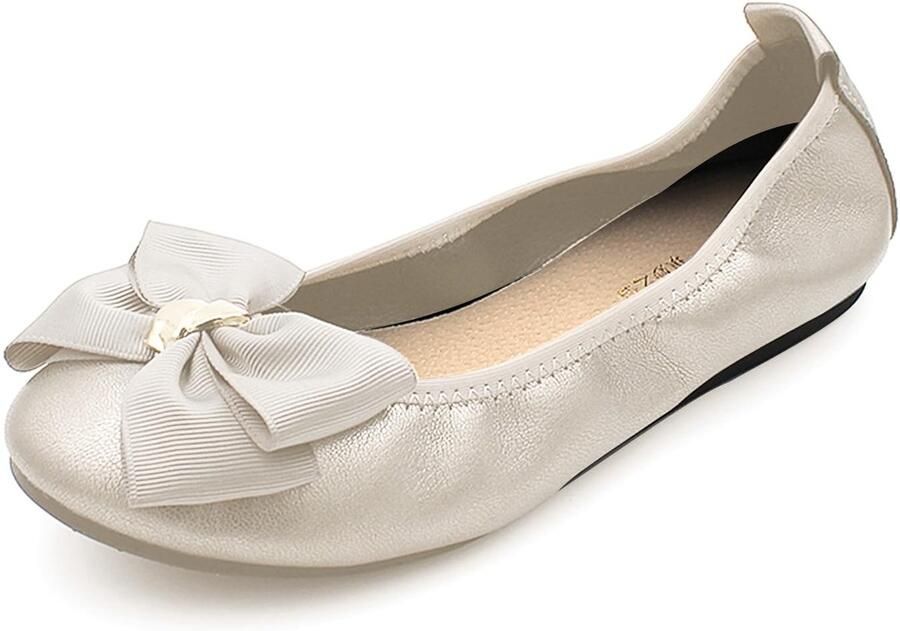 Dailygoods- Platte Pumps Dames Instappers Ronde Neus Modieuze Strik Casual Elegant Verkrijgbaar in Beige Zwart Grijs Goud Ballerina Schoenen