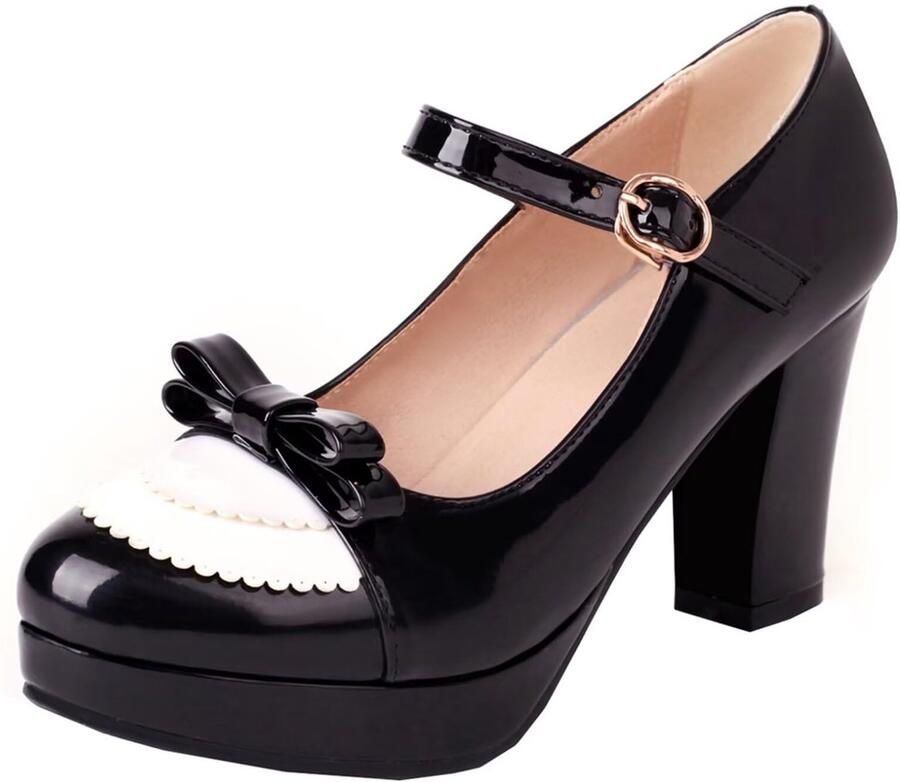 Dailygoods- Pumps Dames Blokhak Hoge Hakken Plateau Mary Jane Schoenen Strik Maattabel tot