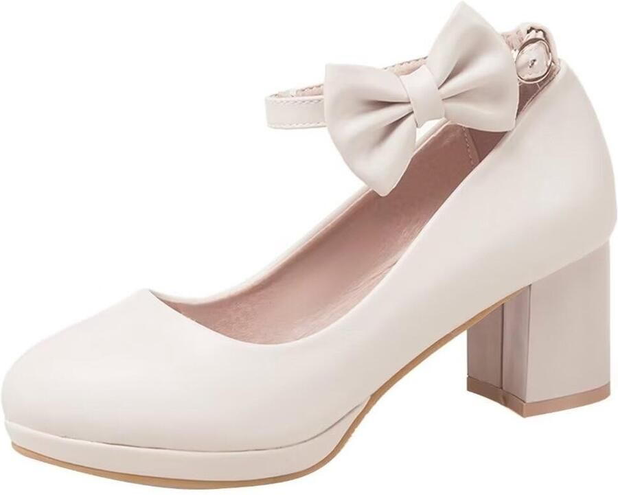 Dailygoods- Pumps Dames Blokhak Hoge Hakken Riempje Strik Maattabel tot