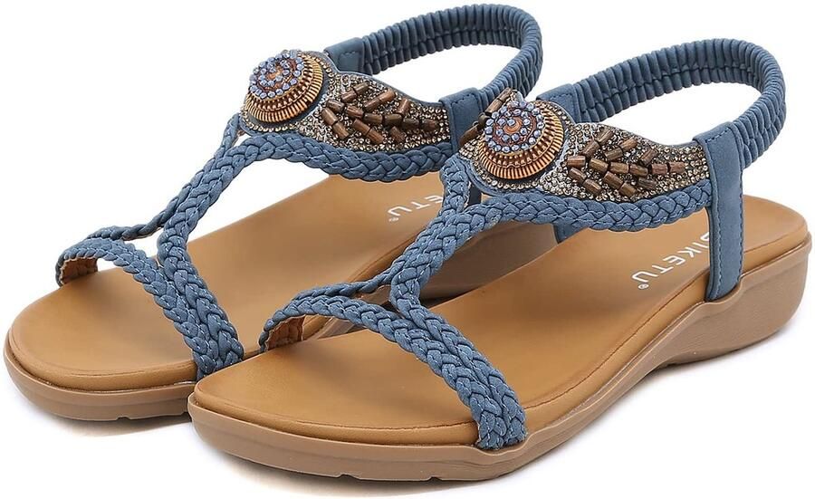 Dailygoods- Sandalen Casual Comfortabel Platte Sandalen T-Strap Elastische Achterkant Sprankelende Kralen EU Zomerschoenen