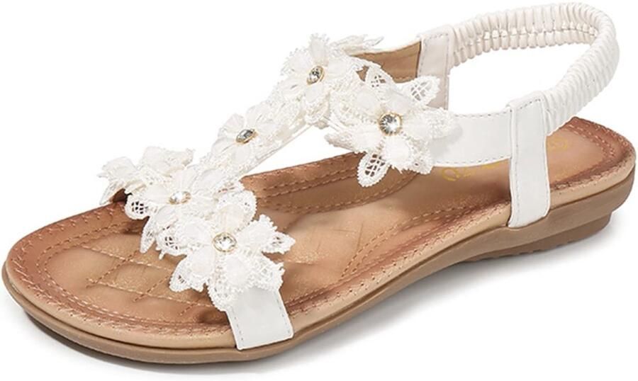 Dailygoods- Sandalen Casual Platte Sandalen Elastische Terug Bling Kralen Ronde Teen Zachte Rubber Zool Zomerschoenen