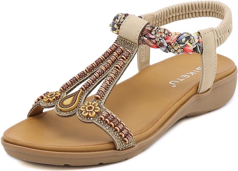 Dailygoods- Sandalen Casual Comfortabel Platte Sandalen T-Strap Elastische Achterkant Decoraties met Kralen EU Flip Flops