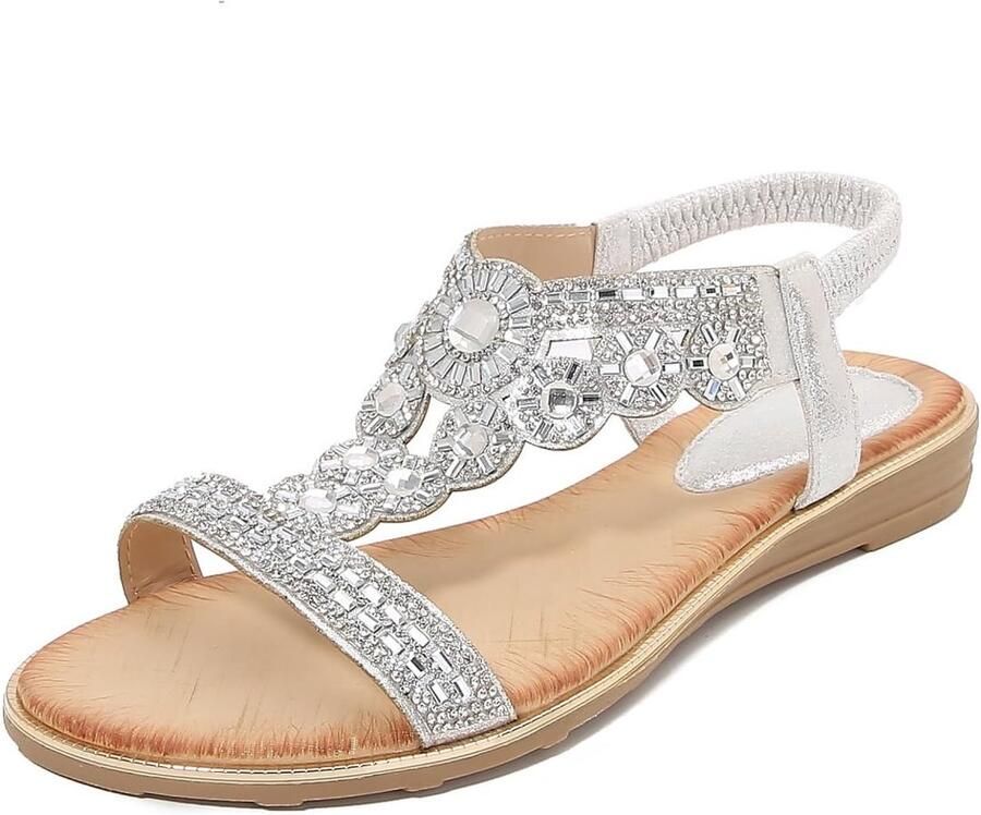 Dailygoods- Sandalen Dames Platte Glinsterende Strass Gladiatorsandalen Zwarte Zomersandalen Casual Mode Elastische Rugband Bling Kralen Dames Slippers