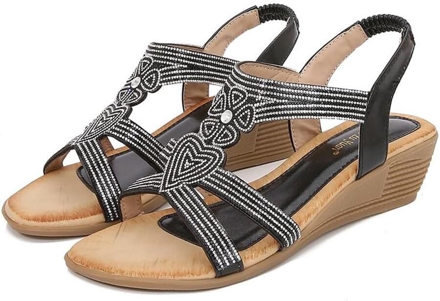 Dailygoods- Sandalen met sleehak Zomersandalen dames Sprankelende strass Comfortabele platform Casual en gekleed Ronde neus Sandaal