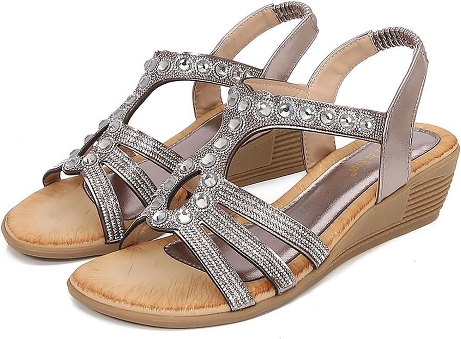 Dailygoods- Sandalen Dames Zomer Sprankelende Strass Lage Hak Comfortabele Sleehak Elegante Sandaal Ronde Neus