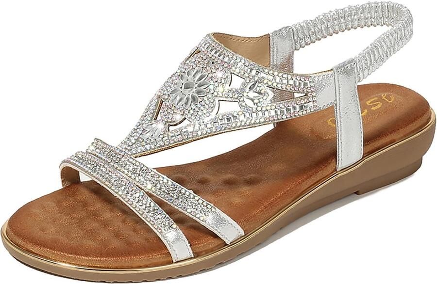 Dailygoods- Sandalen Dames Zwart Platte Zomer Sandalen Open Teen Sling Back Elastische Rugband Sprankelende Kralen Zomerschoenen