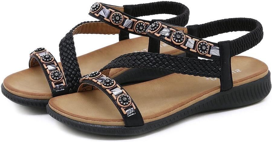 Dailygoods- Sandalen Vrouwen Zomer Casual Platte Sandalen Flip Flops Elastische Achterkant Kralen Decoratie Zachte Rubber Zool