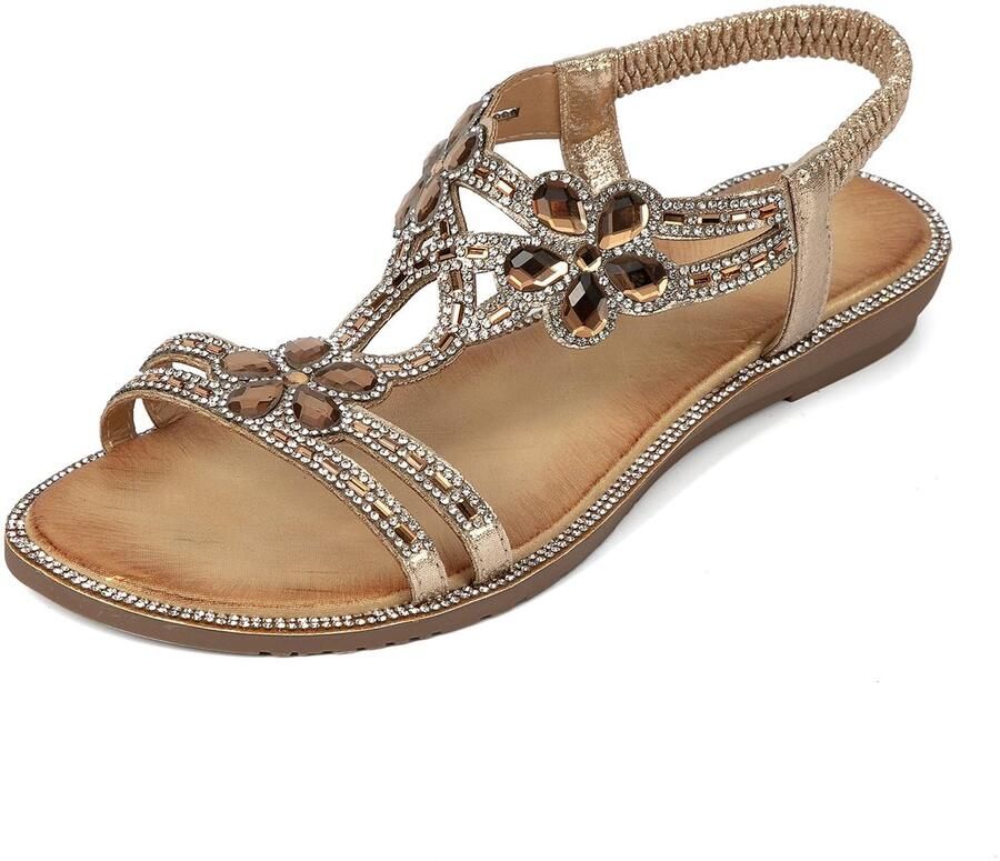 Dailygoods- Sandalen Zomer Platte Sandalen Casual Mode Ronde Teen Elastische Achterkant Bloem Strass Decoratie Zomersandalen