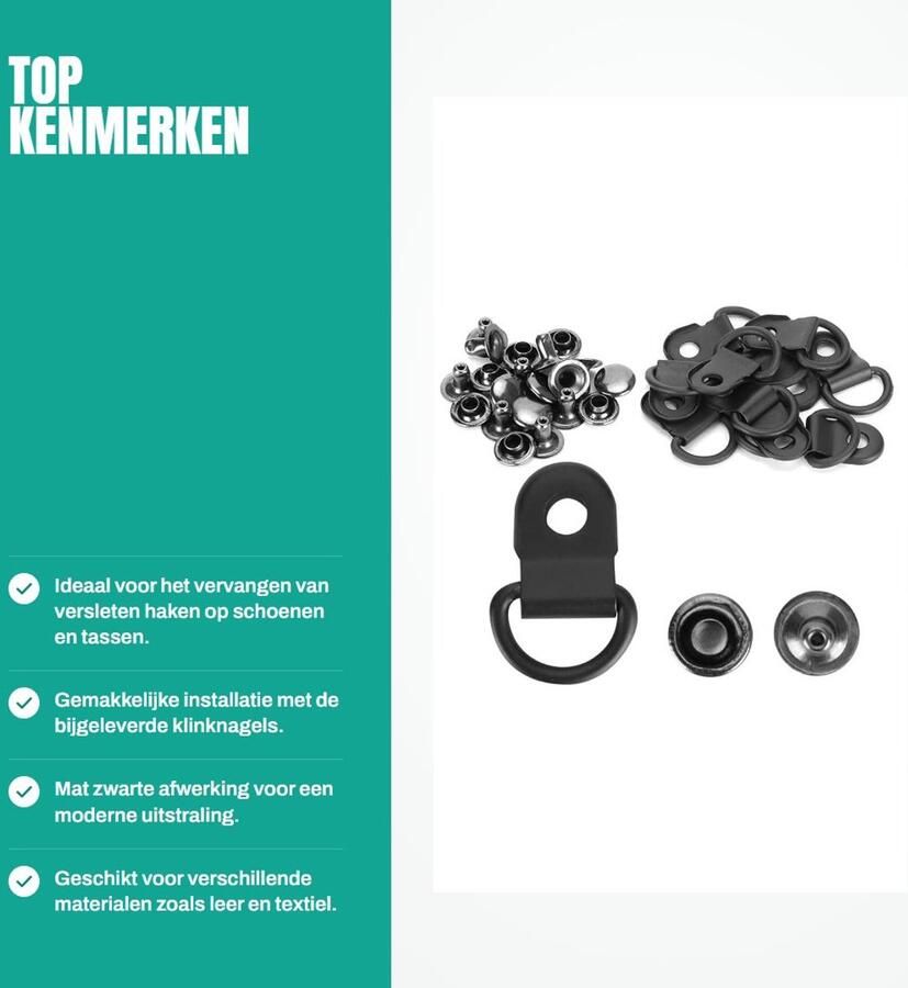 Dailygoods- Schoenveterhaak 100 stuks Klinknagels D-ring Matzwart Messing Duurzaam en eenvoudig te installeren Haakjes