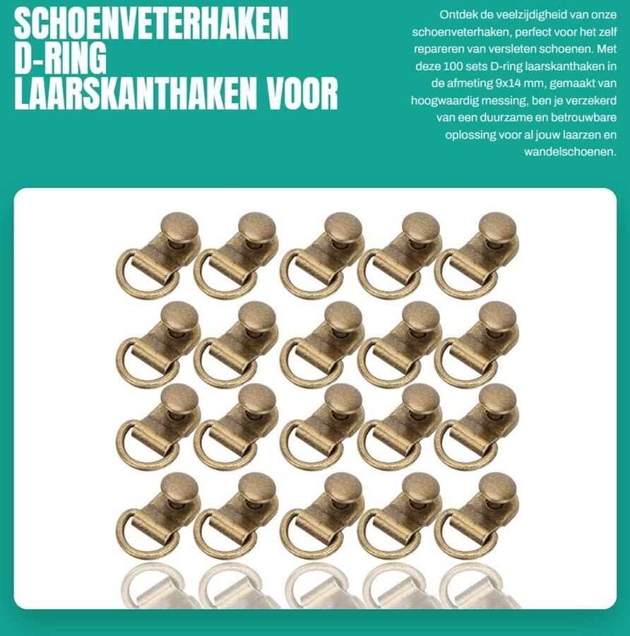 Dailygoods- Schoenveterhaken 100 Sets D-ring Laarskanthaken 9x14 Mm Messing Oogjes Veiligheidsgesp Reparatiegereedschap Antiroest en Anticorrosief Laarzenhaken