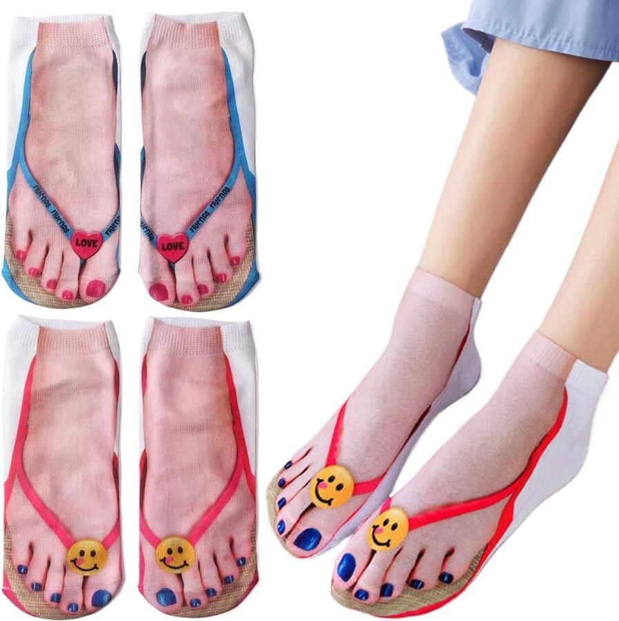 Dailygoods- Simulatiesokken 2 Paar 3D-Stof Grappige Schatige Sokken Teenslippers Schoenen Comfortabel Materiaal Innovatief Ontwerp