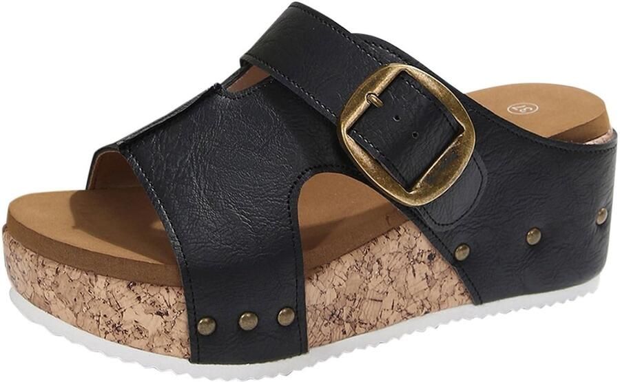 Dailygoods- Slippers Dames Ademend Leer Zomerse Sandalen Clogs met Voetbed Kurk Zool Boogondersteuning