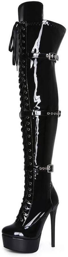 Solidchoice- Stiletto Laarzen Overknee Laarzen met Rits Plateau Laarzen Veterlaarzen met Gespen Glanzende Laklook Verstelbare Riempjes