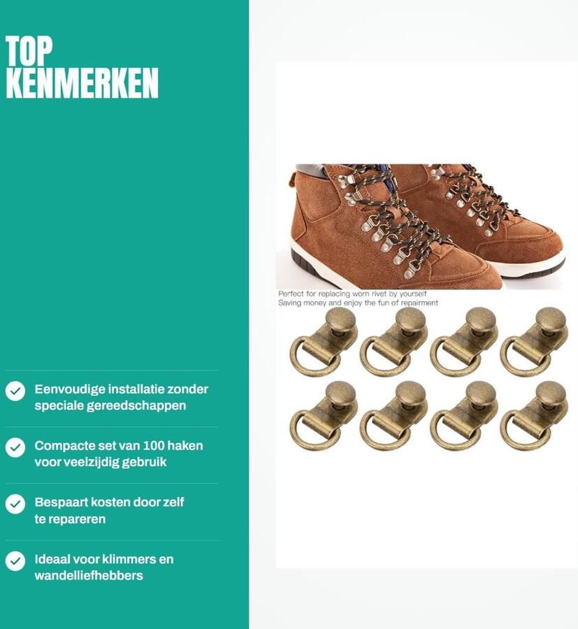 Dailygoods- Veterhaken 100 Sets D-ring Oogje Gesp Veiligheidsveters Kanten Beslag Hoogwaardig Messing Eenvoudig te Installeren Schoenveterhaak