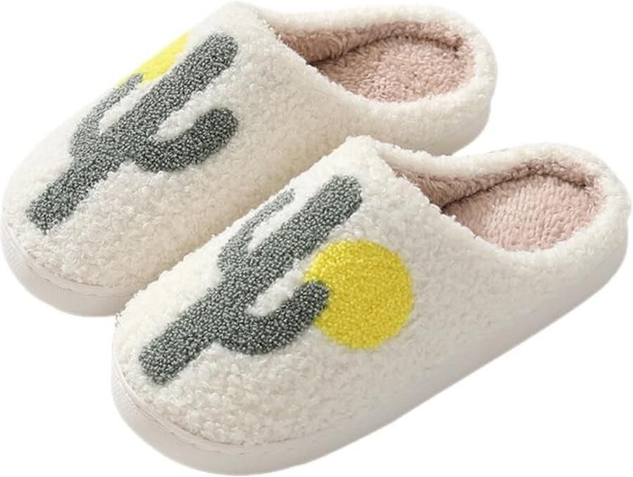 Dailygoods Warme pluche pantoffels voor dames van zacht materiaal met dikke zool cactusmotief antislip pantoffels voor binnen en buiten