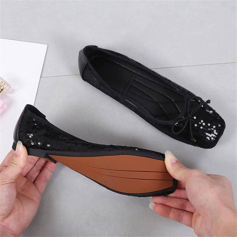 Dames ballerina flats casual met vierkante teen en pailletten. Comfortabele slip-on schoenen voor feestelijke gelegenheden in zwart