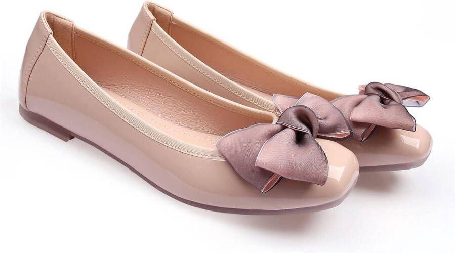 Dames Ballerina Flats Casual Vierkante Teen Bow-Knoop Slip ons Memory Foam Dressy Flats Vlinderdas Pompen Dolly Schoenen Abrikoos