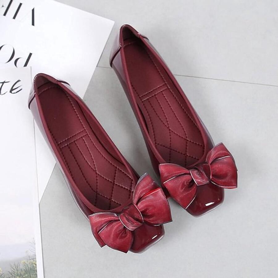 Dames ballerina's Comfortabel Rood Casual Gelegenheid Vierkante teen Memory foam Geschikt voor feestjes Leuke bow-knoop Slip-on ballerina's met vlinderdas