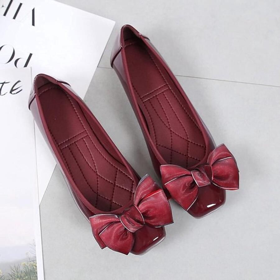 Dames ballerina's Comfortabel Rood Casual Gelegenheid Vierkante teen Memory foam Geschikt voor feestjes Leuke bow-knoop Slip-on ballerina's met vlinderdas