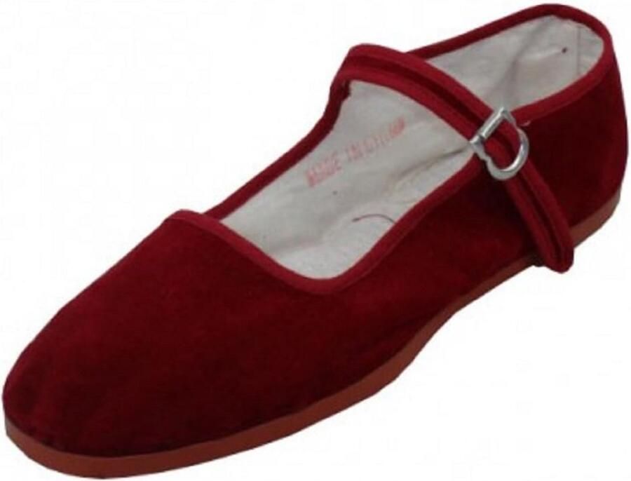 Dames Ballerina's Comfortabele Mary Jane Platte Schoenen Bordeauxrood Velours