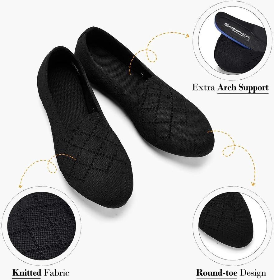 Dames Ballerina's Ronde Neus Slip-On Flats Comfortabele Tricot Pantoffels voor Vrouwen Lage Hak 35.5 EU Black