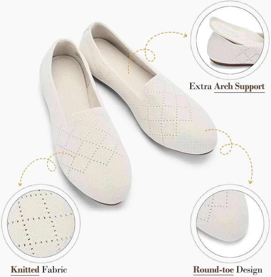Dames Ballerina's Ronde Neus Slip-On Flats Comfortabele Tricot Pantoffels voor Vrouwen Lage Hak 39.5 EU Beige