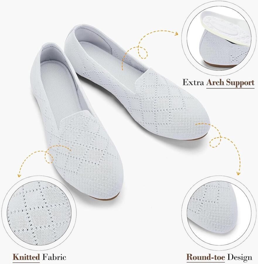 Dames Ballerina's Ronde Neus Slip-On Flats Comfortabele Tricot Pantoffels voor Vrouwen Lage Hak 37 EU Light Gray