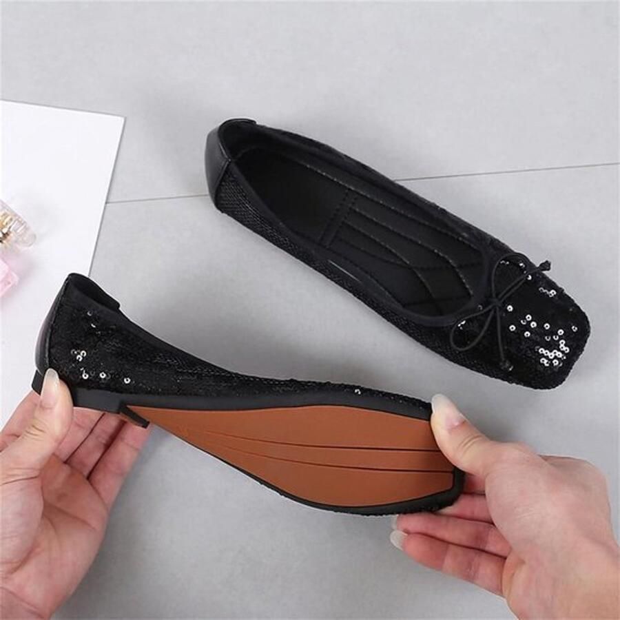 Dames Ballerina's Vierkante Teen Sparkly Pailletten Zwarte Dressy Pumps Slip On Casual Geschikt voor Party Zwart